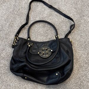 Tory Burch Black Leather Shoulder Bag with Gold Details